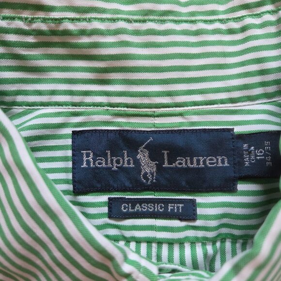 Ralph Lauren Classic Fit Button Down Shirt Mens 16 34/35 Green Stripe Flesh Pony - Picture 3 of 9